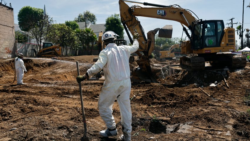 ALTADENA, CALIFORNIA – MAY 22: U.S. Army Corps of Engineers contractors clear the remains of Lifeline Fellowship Christian Center, which burned to the ground in the Eaton Fire, on May 22, 2025 in Altadena, California. The U.S. Army Corps of Engineers announced it has cleared 5,000 properties in the Eaton and Palisades fires burn zones, which represents half of the eligible properties, in just three months. Bishop Charles Dorsey, who attended the church as a child with his family and has led the church for more than 20 years, plans to rebuild. (Photo by Mario Tama/Getty Images)